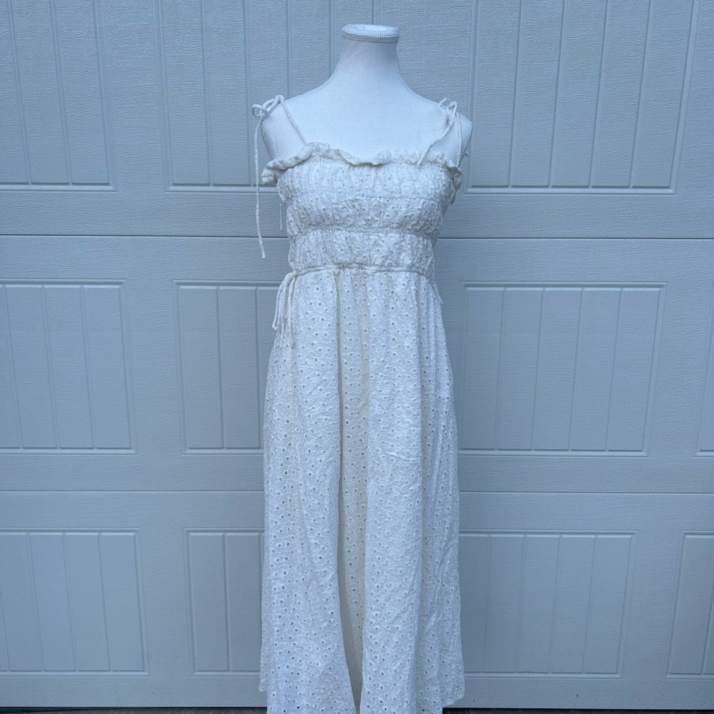 Neuflora White Eyelet Spaghetti Strap Smocked Maxi Dress